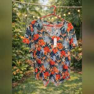 C&C California Floral Short Sleeve Top - Blue and Orange